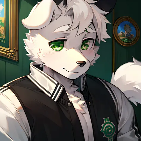 (a white anthropomorphic dog with green eyes, black and white high school letterman jacket),cartoon painting style,ultra-detailed,focused on the face and upper body,portraits,vivid colors,soft lighting