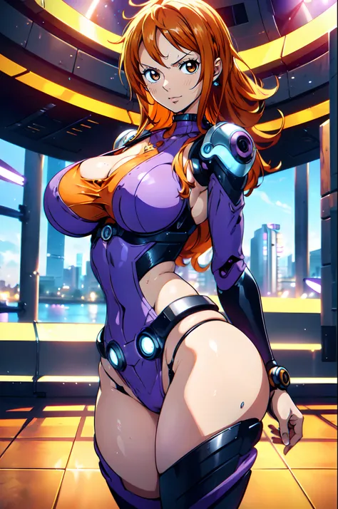 Nami from One Piece, orange  hair, beautiful brown eyes ((wearing purple cyborg lutex cloth)), sexy ass, sexy boobs, lewd pose ,full body (futuristic cyborg surrounding city) (best quality, 4k, 8k, highres, masterpiece:1.2), ultra-detailed, and (realistic,...