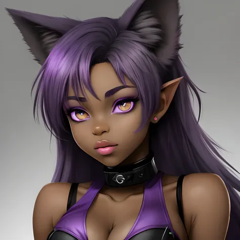 Black girl with purple hair and purple eyes and has big breast and wolf ears