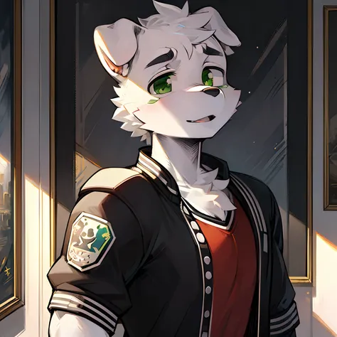 (a white anthropomorphic dog with green eyes, black and white high school letterman jacket),cartoon painting style,ultra-detailed,focused on the face and upper body,portraits,vivid colors,soft lighting