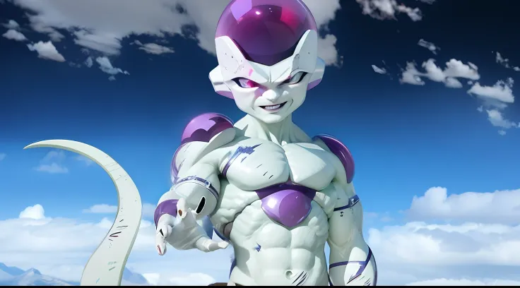 A Male Muscular Alien With purple and white body, sky in background