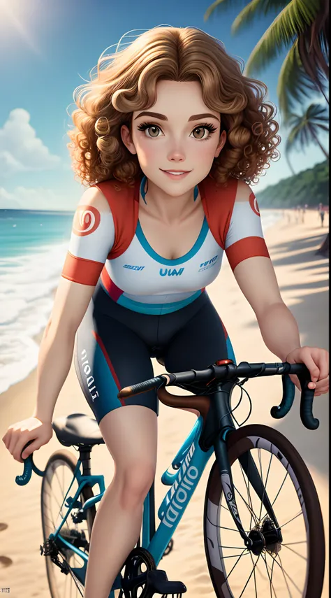 Poster no estilo Disney Pixar
Uma mulher de 40 anos, light brown hair curly to the shoulder, vestindo roupa de ciclismo, pedalando na praia