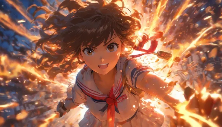 foreshortening,  depth of fields, masutepiece, Best Quality, 1girl in, Brown hair, Black eyes,  Middle Hair, Solid color background, Solo, Bust Up,a sailor suit, Carrying a chainsaw,  Dappled sunlight,