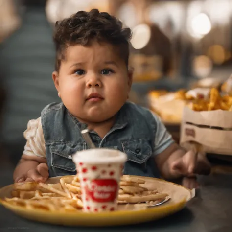 a chubby child  cartonish eating fast-food too much