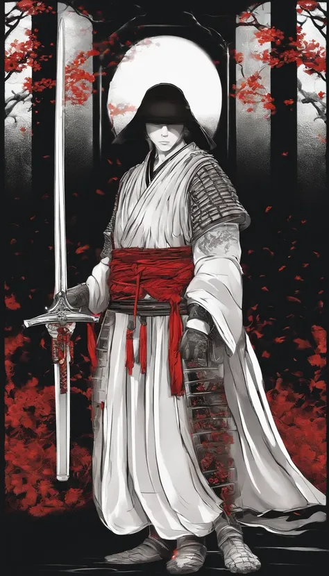 Nur Umrisse: Samurai in dunkler Kleidung, Verschleiert, Flug-Komponenten, mit einem leuchtend roten Schwert, Nebeneinander, Hintergrund dunkel, Ich. Nur die Umrisse. All black and white except for the red of the sword. The sword is said to appear blood-soa...