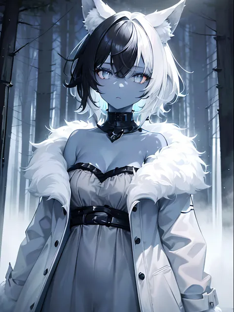 (masterpiece,best quality,ultra-detailed),1girl,black hair,short hair,messy hair,wolf ears,(((coloured skin,pale blue skin))), white fur coat,((grey theme)),((pastel colours theme)),in a meadow,night,cloudy,forest