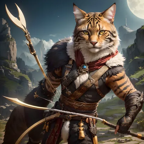 Da ist eine schwarze Katze, die mit Pfeil und Bogen dasteht, Katzen-Krieger, Cat of the Assassins, Auf ArtStation 4K im Trend, Tabaxi Monk, Tabaxi male, anthropomorpher Luchs, Gepanzerte Katze, Anthro Katze, Auf ArtStation HD im Trend, Erstaunliche 8K-Char...