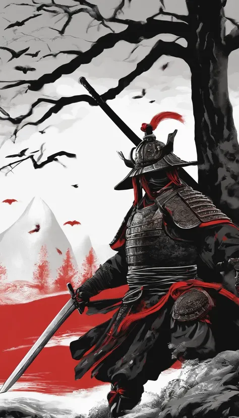 Nur Umrisse: Samurai in dunkler Kleidung, Moonwarrior, Verschleiert, Flug-Komponenten, mit einem leuchtend roten Katana, Nebeneinander, Hintergrund dunkel, Ich. Nur die Umrisse. All black and white except for the red of the sword. The sword is said to appe...