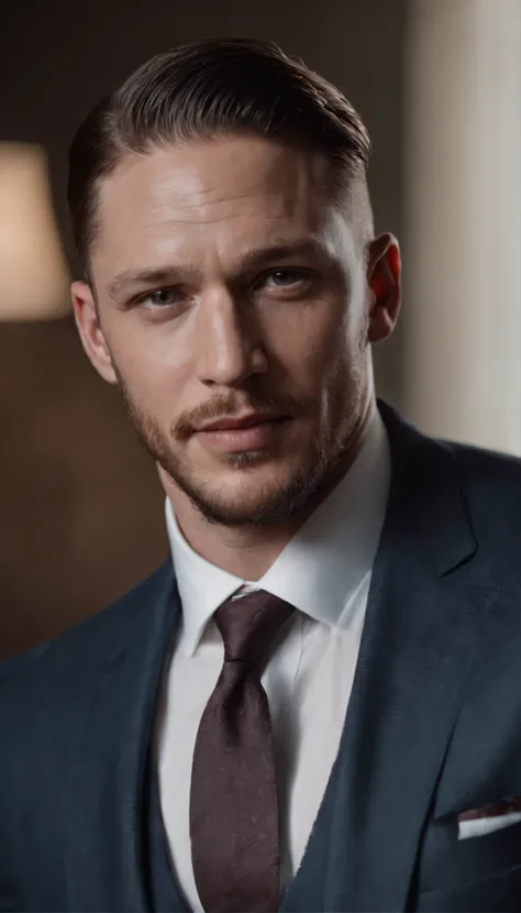 Detailed image of happiness, Tom Hardy smiled with his eyes open ，The look of a big guy in a suit and tie, 8K definition, Photorealistic rendering, Rich colors, using Cinema 4D.