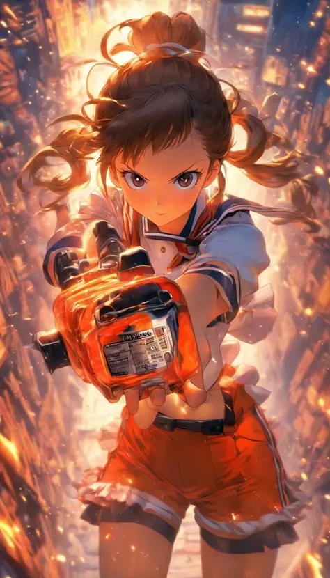 foreshortening,  depth of fields, masutepiece, Best Quality, 1girl in, Brown hair, Black eyes, Middle Hair, Twin Bun, Solo, Bust-up standing picture, a sailor suit, Carrying a chainsaw that can be seen in its entirety,  Solid color and solid color backgrou...