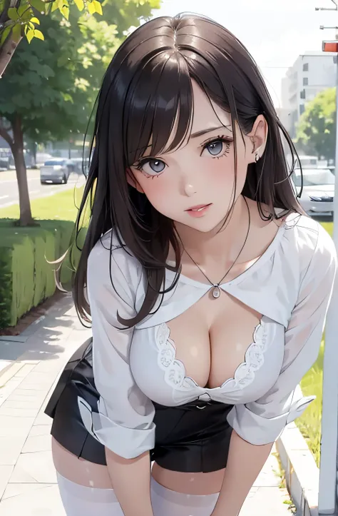 girl in summer clothes, white blouse, shorts, pantyhose or long stockings, making like she wants to kiss you, view from viewer, medium breasts, cleavage, random backgroud, flirtatious look, ((very detailed)), (perfectly detailed face), (well detailed hand)...