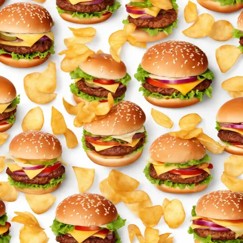 Big burger with rain of chips on a white background realistic image