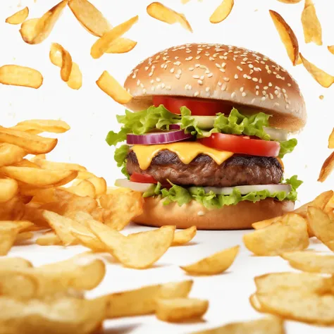 Big burger with rain of chips on a white background realistic image