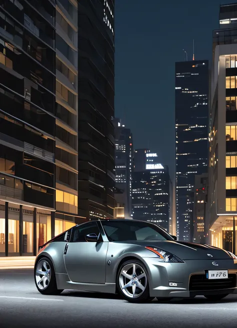 Nissan 350z, cor preto, belos detalhes, Standing in the city, ceu noturno, Octane render, ultra sharp, foco nítido, detalhes intrincados, 16k, cinematic lighthing, cores vintage