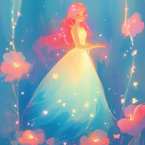 beautiful girl in flowing gradient layered ballgown, flowing pink hair, whimsical fantasia and flowers background, vibrant pastel colors, (colorful), magical lights, magical flowers, flowers, glowing lights, red pink long wavy hair, sparkling lines of ligh...