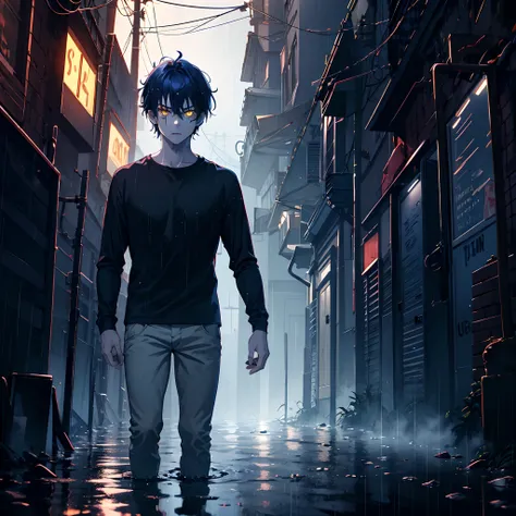 young boy, pale skin, blue shirt, very dark blue hair, Gray pants, gloomy yellow eyes, walking in an alley, horror scene, heavy rain, fog, darkness, night, puddles of water, 8k, gloomy face, dark, scary, threatening, best quality, detailed face, detailed b...