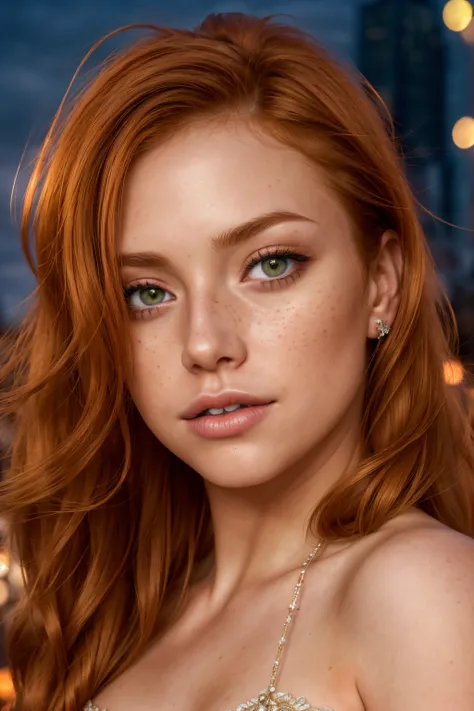 (close-up editorial photo of 25 yo woman, ginger hair, slim American sweetheart), (freckles:0.8), (lips parted), realistic green eyes, (catchlight in eyes), POV, realistic, film grain, 25mm, f/1.2, dof, bokeh, beautiful symmetrical face, perfect sparkling ...