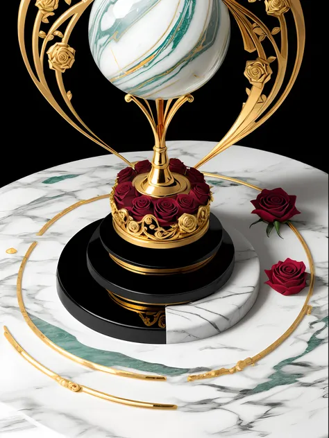 Marble rose with gold outline and a black angels statue next to it