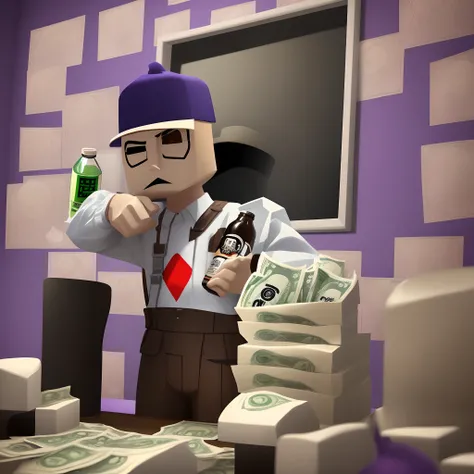 headless roblox character with korblox holding up a bottle of faygo and money in a dimly lit purple room