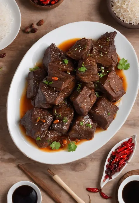 (Best quality:1.2, masterpice:1.2), vibrant, Realistic, Dramatic and dark 8K photos:1.37, ((Chinese cuisine)) Braised beef, nature backdrop