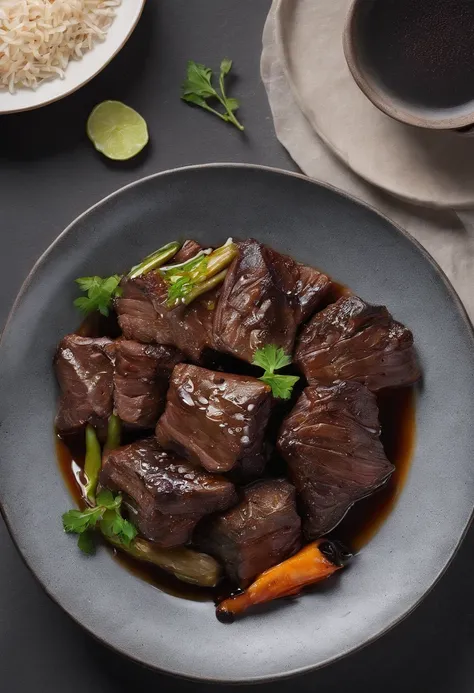 (Best quality:1.2, masterpice:1.2), vibrant, Realistic, Dramatic and dark 8K photos:1.37, ((Chinese cuisine)) Braised beef, nature backdrop