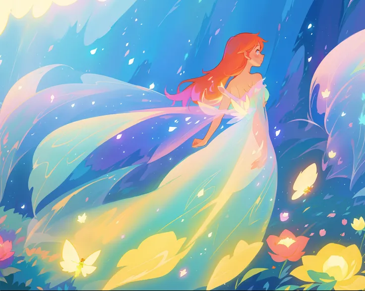 beautiful fairy girl in flowing liquid dress, fairy dress, fairy queen, magical colorful otherworldly landscape, (glowing fairy wings), glowing flowing ballgown, long hair, sparkling fairy wings, watercolor illustration, flowers and colorful plants, inspir...