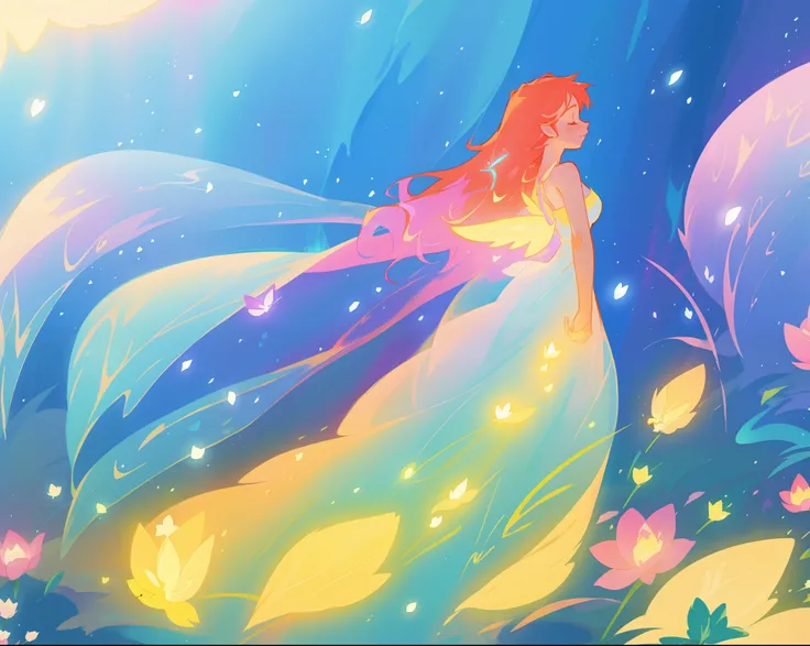 beautiful fairy girl in flowing liquid dress, fairy dress, fairy queen, magical colorful otherworldly landscape, (glowing fairy wings), glowing flowing ballgown, long hair, sparkling fairy wings, watercolor illustration, flowers and colorful plants, inspir...