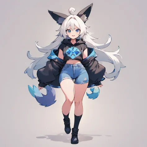 male, tall, has Long white hair, has wolf ears, has wolf tail, has blue eyes, wearing denim short shorts, thigh high fishnets, black combat boots, wearing cropped black hoodie, flat chest, super flat chest, solo femboy, only one femboy ((FLAT CHEST)) (ALON...