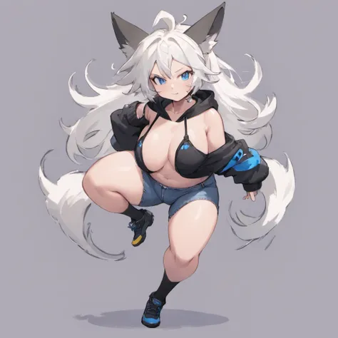 male, tall, has Long white hair, has wolf ears, has wolf tail, has blue eyes, wearing denim short shorts, thigh high fishnets, black combat boots, wearing cropped black hoodie, flat chest, super flat chest, solo femboy, only one femboy ((FLAT CHEST)) (ALON...