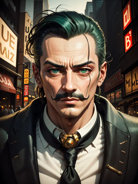 model man (Salvador Dali :1.1), green eyes, portrait of New York City in the 1920´s,  the 1920s jazz era prohibition, cyberpunk, pursuit, comic, chase, race