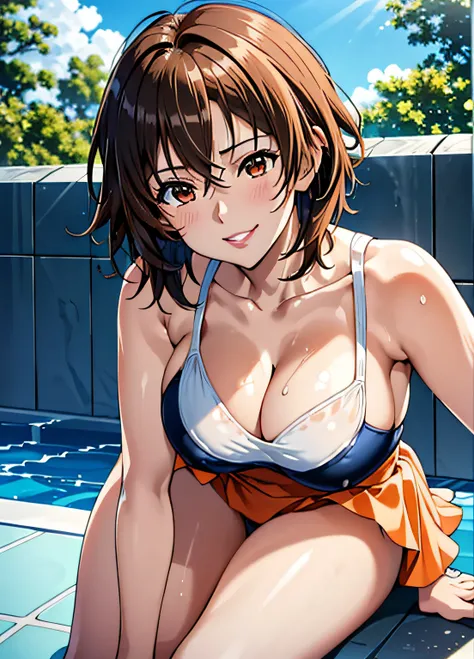 in poolside,Wet Dress Competition Swimwear,Competition Swimsuit Slip,School swim wear,wetted skin,Wet face,(Glossy light brown and orange two-tone wavy short-cut hair),(wet and disheveled hair),Cute round face red lipstick,A cute smile that makes the viewe...