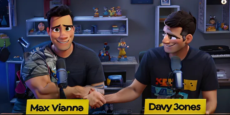 Disney Pixar style poster, 2 Men in their 30s, smiling, Disney Pixar cartoon style