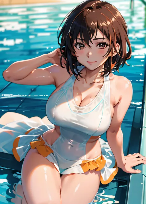 in poolside,Wet Dress Competition Swimwear,Competition Swimsuit Slip,School swim wear,wetted skin,Wet face,(Glossy light brown and orange two-tone wavy short-cut hair),(wet and disheveled hair),Cute round face red lipstick,A cute smile that makes the viewe...