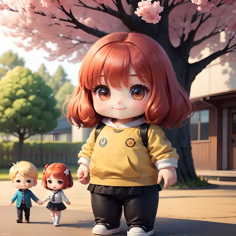 ​masterpiece、top-quality、ultra-detailliert、(Chibi Chara Kindergarten Kids:1.2)、Male and female avec、Holding hands、Before kindergarten、The cherry tree、The best smile、Standing