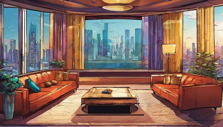 a luxury room with big black leather couch, big screen tv , glass wall with skyscrapers, a billiard table