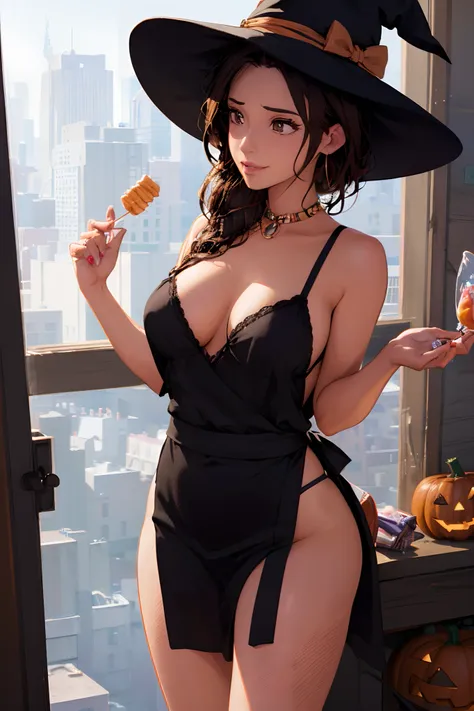 rio morales lingerie with hat, at door on halloween night, new york city night, holding candy, halloween night, naked under apro...