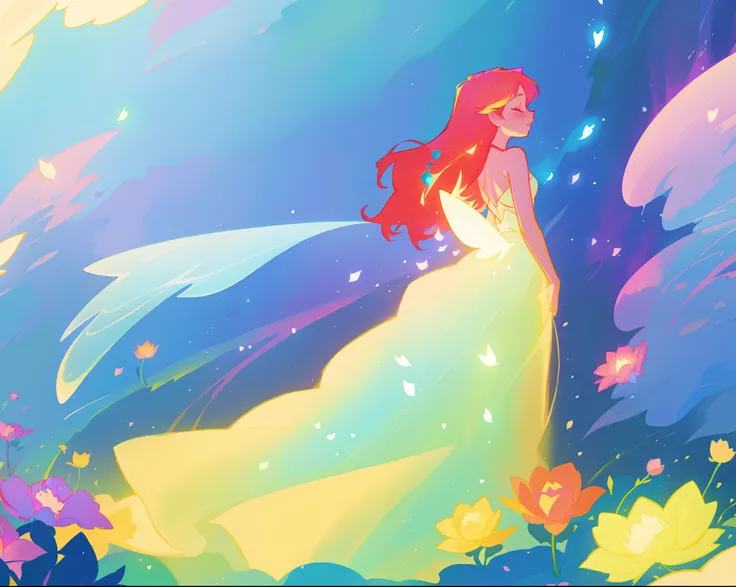 beautiful fairy girl in flowing liquid dress, fairy dress, fairy queen, magical colorful otherworldly landscape, (glowing fairy wings), glowing flowing ballgown, long hair, sparkling fairy wings, watercolor illustration, flowers and colorful plants, inspir...