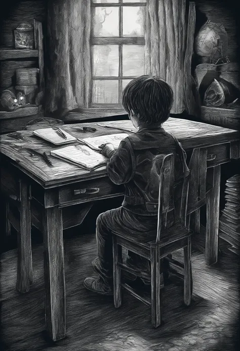 child sitting at the school table writing in his notebook and next to his materials and colored pencils