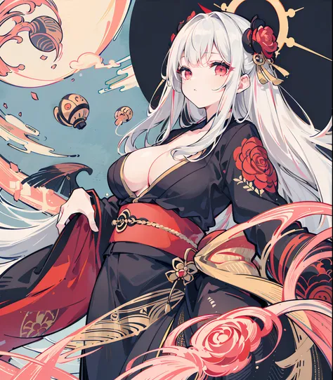 One girl, ((tits out: 1.0)), ((Hi-Res)), ((masuter piece)), ((Best Quality)), (Very detailed)), Large file size, fulcolor, long white hair, Red Eyes, (eye line), Black rose pattern, Kimono,