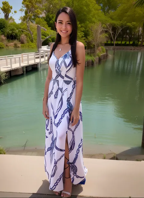 Araffe woman in a dress standing on a concrete ledge near a body of water, usando um vestido longo, vestindo vestido longo, full body photogenic shot, usando um longo vestido florido, vestindo uma elegante roupa tribal, Nivanh Chanthara, usando um vestido ...