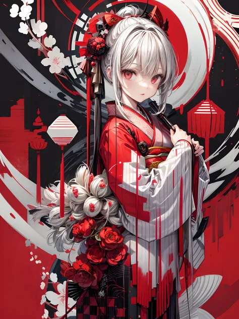 Girl in kimono standing with Japan sword, White medium hair, Red Eyes, Red lips, Kimono with red cluster amaryllis pattern isolated on black background, Red splash pattern on black background, ultra-quality, Superfine Detail, Ultra-fine kimono pattern