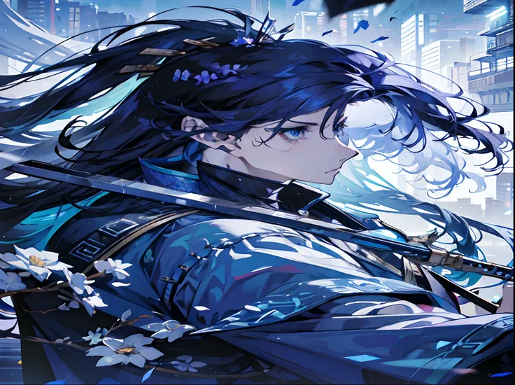 Blue-purple style, looking at you, good eyes, messy hair, broken hair, long hair, chivalry, very beautiful cyberpunk digital artwork, male focus, handsome, heroic and sassy, beautiful man, wearing a blue and white kimono, long sword on the shoulder, chival...