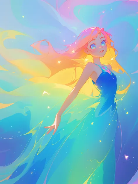 beautiful girl, flowing liquid dress, colorful flowing long hair, vibrant pastel colors, (colorful), magical lights, sparkling magical liquid, inspired by Glen Keane, inspired by Lois van Baarle, disney art style, by Lois van Baarle, glowing aura around he...