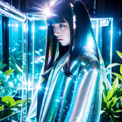 girl, Anime, Looking at Viewer, Bubbles, Highly detailed, Reflective Transparent, Iridescent Opaque Jacket, Long Transparent Iridescent RGB Hair - ar 3:2