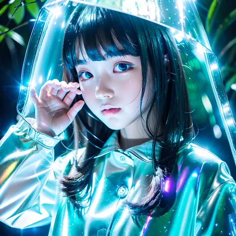 girl, Anime, Looking at Viewer, Bubbles, Highly detailed, Reflective Transparent, Iridescent Opaque Jacket, Long Transparent Iridescent RGB Hair - ar 3:2