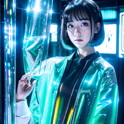 girl, Anime, Looking at Viewer, Bubbles, Highly detailed, Reflective Transparent, Iridescent Opaque Jacket, Long Transparent Iridescent RGB Hair - ar 3:2