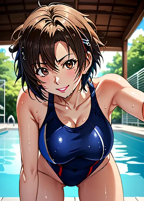 in poolside,Wet Dress Competition Swimwear,Competition Swimsuit Slip,School swim wear,wetted skin,Wet face,(Glossy light brown and orange two-tone wavy short-cut hair),(wet and disheveled hair),Cute round face red lipstick,A cute smile that makes the viewe...