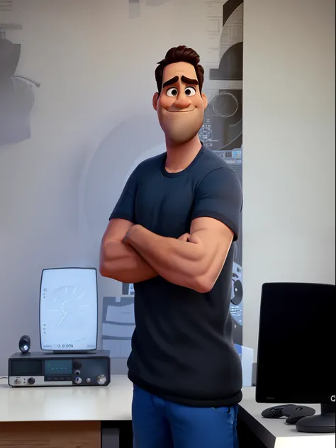 Um homem gordo de olhos puxados, cabelo preto arrepiado, estilo disney pixar, In his radio studio