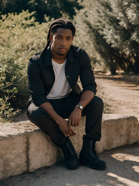 fotografia de estilo de vida, foto de um homem negro bonito, of hair with loose braids, Meditative facial expression, camisa vermelha, Black cargo pants and combat boots, fechar no rosto, soft lighting, high angle, filmado em um Fujicolor Pro