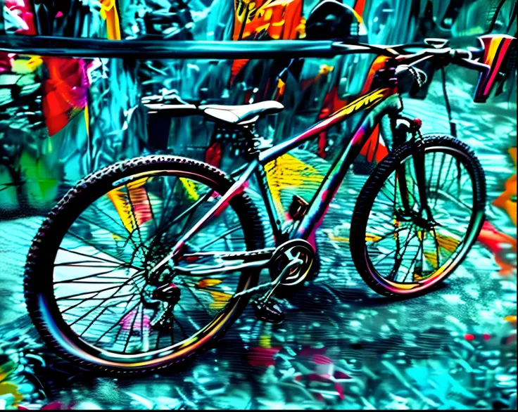 bicicleta com outra cor ,preto muito brilhante,fundo multi colorido estilo eduardo kobra,grafitti ,anime,cartoon,512k